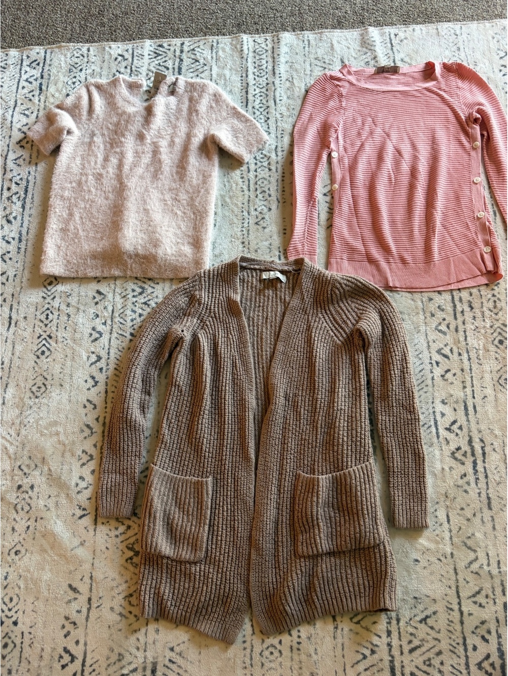 LOFT Women's Knit Cardigan, Pink Striped Long Sleeve Top, and Fuzzy Short Sleeve
